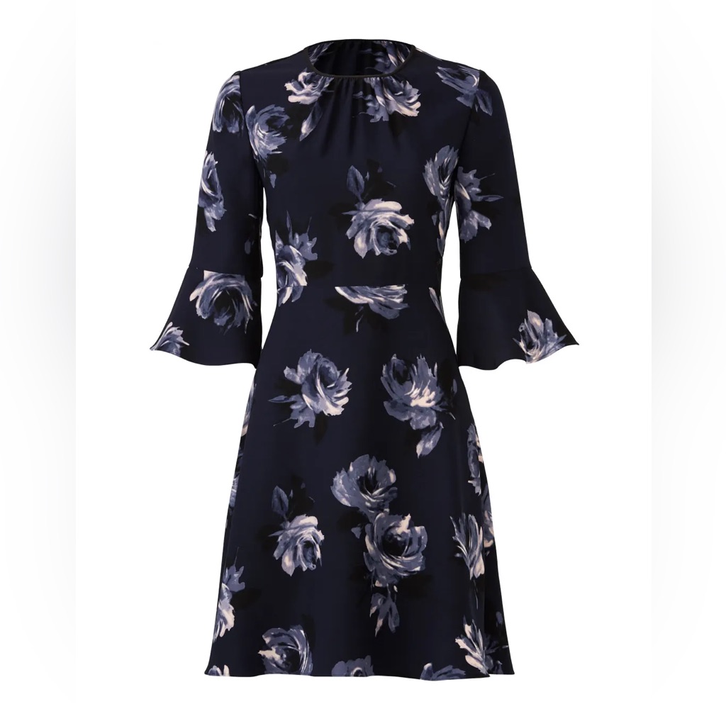 Kate Spade Night Rose Crepe A-Line Dress Sz Star Bright Rich Navy Blue Floral